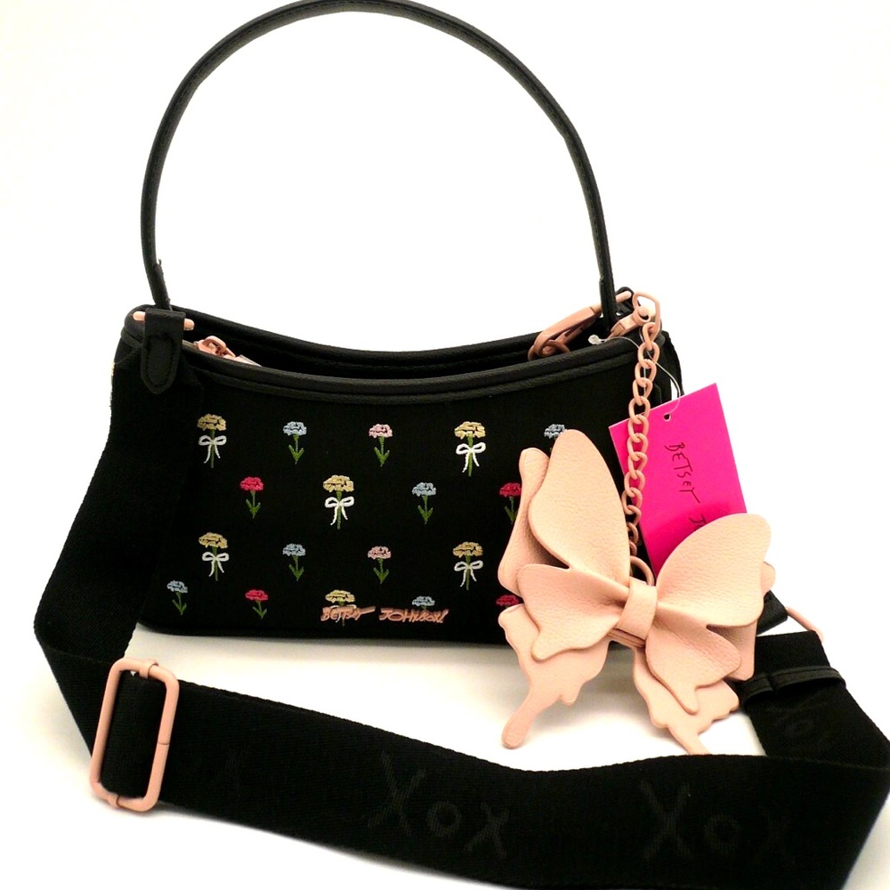 Betsey Johnson Black Floral Bows Crossbody Bag , NWT - Picture 1 of 16